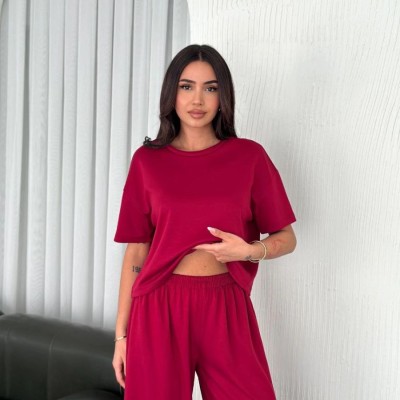 Kadın Osy Modal Yumuşak Dokulu Kumaş Bisiklet Yaka T-shirt Bol paça Pantolon ikili Takım -Bordo