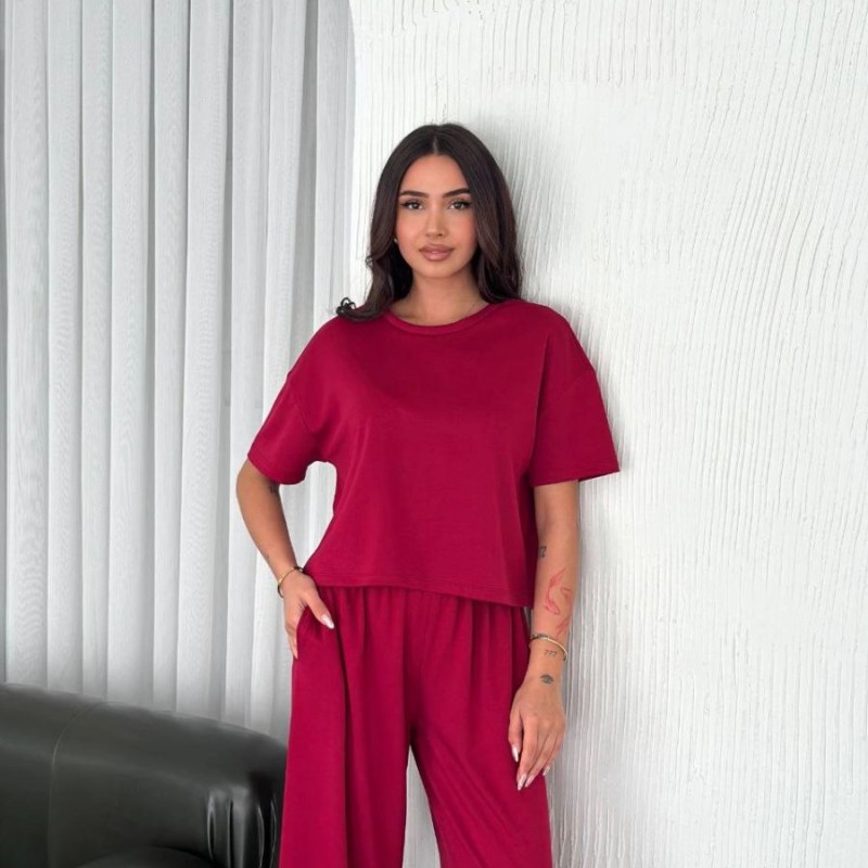 Kadın Osy Modal Yumuşak Dokulu Kumaş Bisiklet Yaka T-shirt Bol paça Pantolon ikili Takım -Bordo