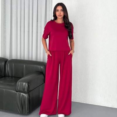 Kadın Osy Modal Yumuşak Dokulu Kumaş Bisiklet Yaka T-shirt Bol paça Pantolon ikili Takım -Bordo