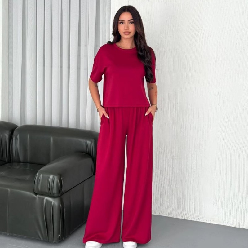 Kadın Osy Modal Yumuşak Dokulu Kumaş Bisiklet Yaka T-shirt Bol paça Pantolon ikili Takım -Bordo