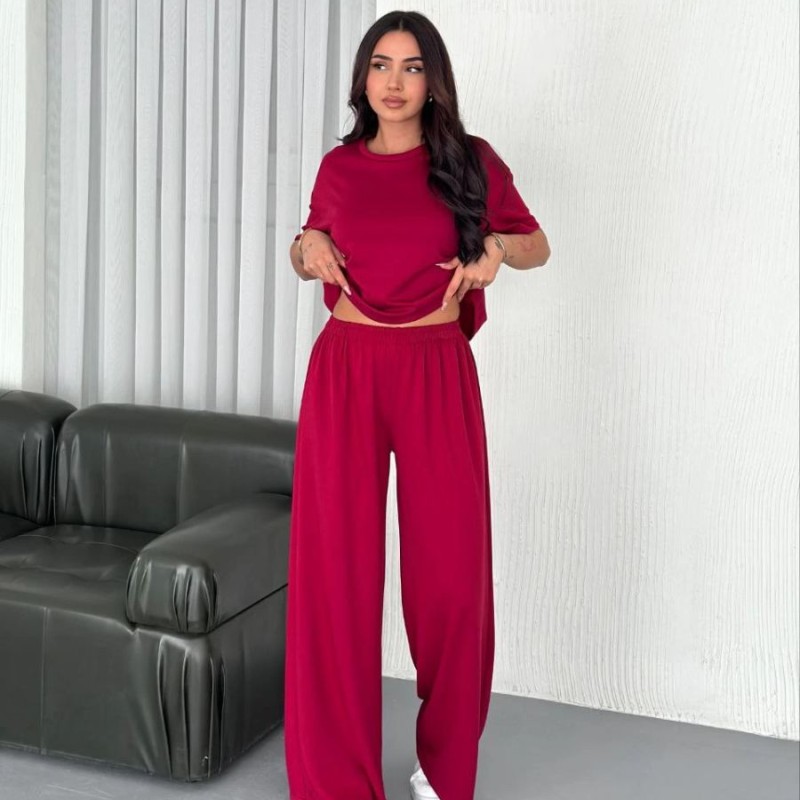 Kadın Osy Modal Yumuşak Dokulu Kumaş Bisiklet Yaka T-shirt Bol paça Pantolon ikili Takım -Bordo