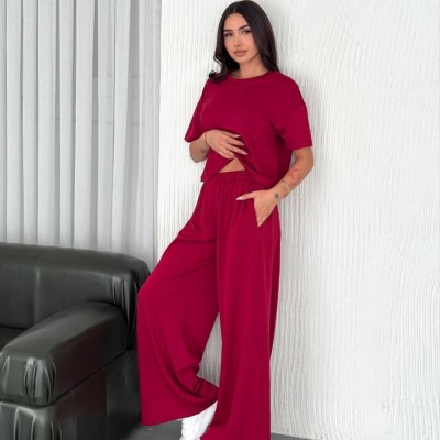 Kadın Osy Modal Yumuşak Dokulu Kumaş Bisiklet Yaka T-shirt Bol paça Pantolon ikili Takım -Bordo