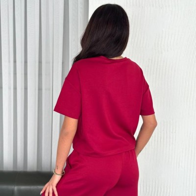 Kadın Osy Modal Yumuşak Dokulu Kumaş Bisiklet Yaka T-shirt Bol paça Pantolon ikili Takım -Bordo