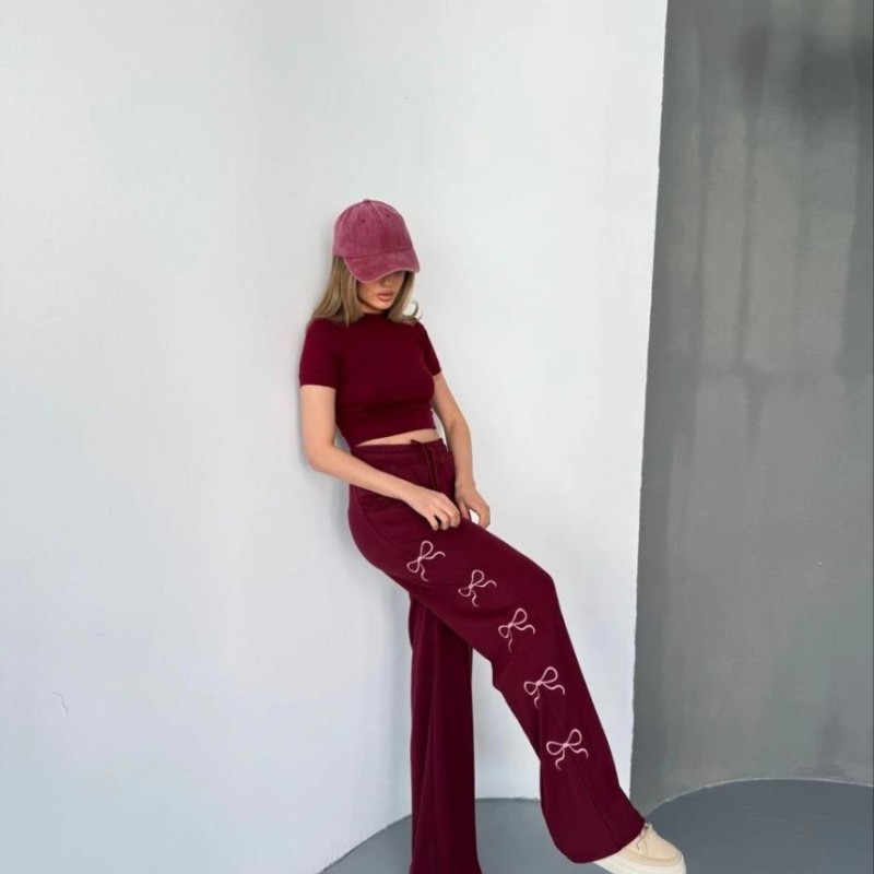 Kadın Osy Modal Yumuşak Dokulu Kumaş Nakış işlemeli Rahat Bol Paça Eşofman Pantolon - Bordo Kadın Osy Modal Yumuşak Dokulu Kumaş Nakış işlemeli Rahat Bol Paça Eşofman Pantolon - Bordo