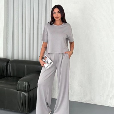Kadın Osy Modal Yumuşak Kumaş Bisiklet Yaka T-shirt Bol paça Pantolon ikili Takım - Boyalı Gri