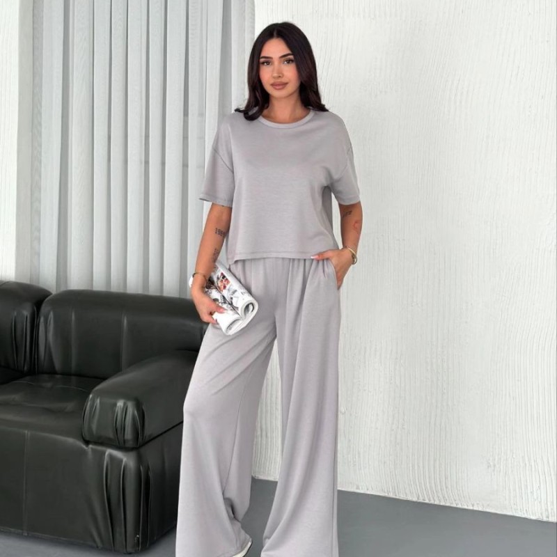 Kadın Osy Modal Yumuşak Kumaş Bisiklet Yaka T-shirt Bol paça Pantolon ikili Takım - Boyalı Gri
