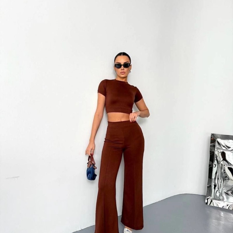 Kadın Osy Modal Yumuşak Kumaş Kısa Kollu Crop Alt ispanyol Paça Pantolon ikili Takım - Kahverengi Kadın Osy Modal Yumuşak Kumaş Kısa Kollu Crop Alt ispanyol Paça Pantolon ikili Takım - Kahverengi