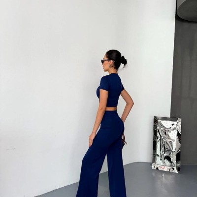 Kadın Osy Modal Yumuşak Kumaş Kısa Kollu Crop Alt ispanyol Paça Pantolon ikili Takım - Lacivert Kadın Osy Modal Yumuşak Kumaş Kısa Kollu Crop Alt ispanyol Paça Pantolon ikili Takım - Lacivert