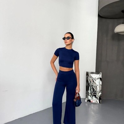 Kadın Osy Modal Yumuşak Kumaş Kısa Kollu Crop Alt ispanyol Paça Pantolon ikili Takım - Lacivert Kadın Osy Modal Yumuşak Kumaş Kısa Kollu Crop Alt ispanyol Paça Pantolon ikili Takım - Lacivert