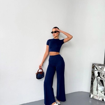 Kadın Osy Modal Yumuşak Kumaş Kısa Kollu Crop Alt ispanyol Paça Pantolon ikili Takım - Lacivert Kadın Osy Modal Yumuşak Kumaş Kısa Kollu Crop Alt ispanyol Paça Pantolon ikili Takım - Lacivert
