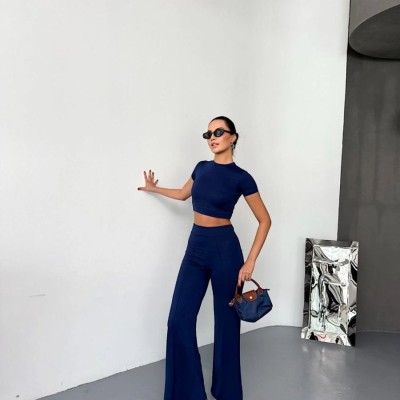 Kadın Osy Modal Yumuşak Kumaş Kısa Kollu Crop Alt ispanyol Paça Pantolon ikili Takım - Lacivert Kadın Osy Modal Yumuşak Kumaş Kısa Kollu Crop Alt ispanyol Paça Pantolon ikili Takım - Lacivert