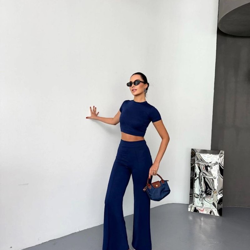 Kadın Osy Modal Yumuşak Kumaş Kısa Kollu Crop Alt ispanyol Paça Pantolon ikili Takım - Lacivert Kadın Osy Modal Yumuşak Kumaş Kısa Kollu Crop Alt ispanyol Paça Pantolon ikili Takım - Lacivert
