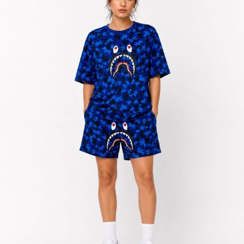 Kadın Oversize Kalıp Pubg Bape X Shark Nakışlı Cepli Şort Takım - Mavi Kadın Oversize Kalıp Pubg Bape X Shark Nakışlı Cepli Şort Takım - Mavi
