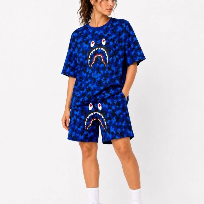 Kadın Oversize Kalıp Pubg Bape X Shark Nakışlı Cepli Şort Takım - Mavi Kadın Oversize Kalıp Pubg Bape X Shark Nakışlı Cepli Şort Takım - Mavi
