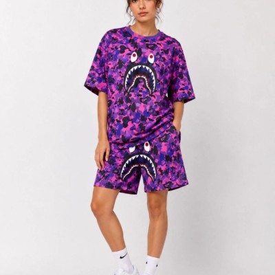 Kadın Oversize Kalıp Pubg Bape X Shark Nakışlı Cepli Şort Takım - Mor Kadın Oversize Kalıp Pubg Bape X Shark Nakışlı Cepli Şort Takım - Mor