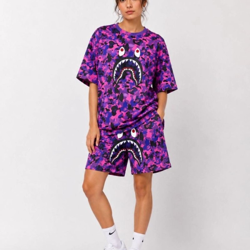 Kadın Oversize Kalıp Pubg Bape X Shark Nakışlı Cepli Şort Takım - Mor Kadın Oversize Kalıp Pubg Bape X Shark Nakışlı Cepli Şort Takım - Mor