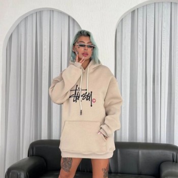 Kadın Oversize Kapüşonlu Cepli Baskılı 3 İplik Pamuklu Hoodie Sweatshirt - Bej Kadın Oversize Kapüşonlu Cepli Baskılı 3 İplik Pamuklu Hoodie Sweatshirt - Bej