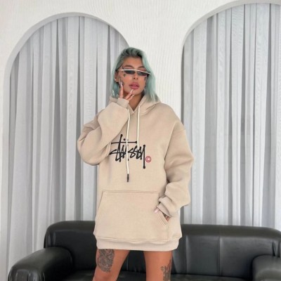 Kadın Oversize Kapüşonlu Cepli Baskılı 3 İplik Pamuklu Hoodie Sweatshirt - Bej Kadın Oversize Kapüşonlu Cepli Baskılı 3 İplik Pamuklu Hoodie Sweatshirt - Bej