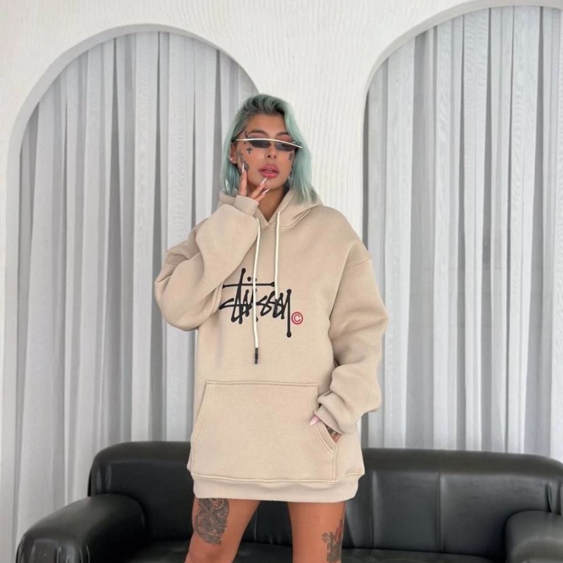 Kadın Oversize Kapüşonlu Cepli Baskılı 3 İplik Pamuklu Hoodie Sweatshirt - Bej Kadın Oversize Kapüşonlu Cepli Baskılı 3 İplik Pamuklu Hoodie Sweatshirt - Bej