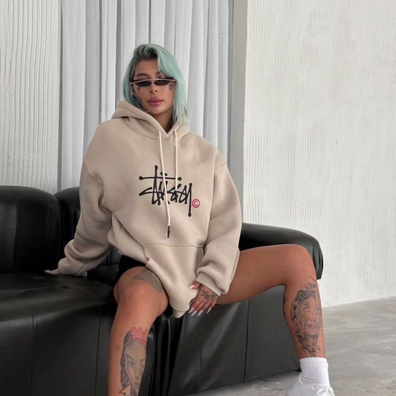 Kadın Oversize Kapüşonlu Cepli Baskılı 3 İplik Pamuklu Hoodie Sweatshirt - Bej Kadın Oversize Kapüşonlu Cepli Baskılı 3 İplik Pamuklu Hoodie Sweatshirt - Bej