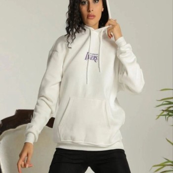 Kadın Oversize Kapüşonlu Cepli Baskılı 3 İplik Pamuklu Hoodie Sweatshirt - Beyaz Kadın Oversize Kapüşonlu Cepli Baskılı 3 İplik Pamuklu Hoodie Sweatshirt - Beyaz