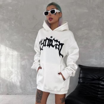 Kadın Oversize Kapüşonlu Cepli Baskılı 3 İplik Pamuklu Hoodie Sweatshirt - Beyaz Kadın Oversize Kapüşonlu Cepli Baskılı 3 İplik Pamuklu Hoodie Sweatshirt - Beyaz