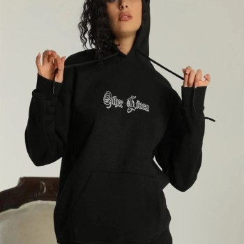 Kadın Oversize Kapüşonlu Cepli Baskılı 3 İplik Pamuklu Hoodie Sweatshirt - Siyah