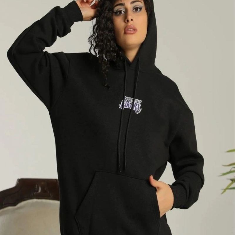 Kadın Oversize Kapüşonlu Cepli Baskılı 3 İplik Pamuklu Hoodie Sweatshirt - Siyah Kadın Oversize Kapüşonlu Cepli Baskılı 3 İplik Pamuklu Hoodie Sweatshirt - Siyah