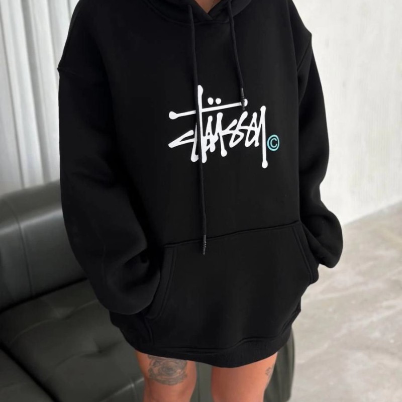 Kadın Oversize Kapüşonlu Cepli Baskılı 3 İplik Pamuklu Hoodie Sweatshirt - Siyah Kadın Oversize Kapüşonlu Cepli Baskılı 3 İplik Pamuklu Hoodie Sweatshirt - Siyah