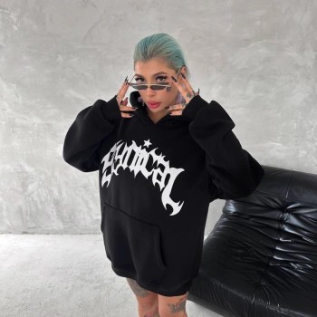 Kadın Oversize Kapüşonlu Cepli Baskılı 3 İplik Pamuklu Hoodie Sweatshirt - Siyah Kadın Oversize Kapüşonlu Cepli Baskılı 3 İplik Pamuklu Hoodie Sweatshirt - Siyah