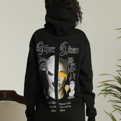 Kadın Oversize Kapüşonlu Cepli Baskılı 3 İplik Pamuklu Hoodie Sweatshirt -  Siyah