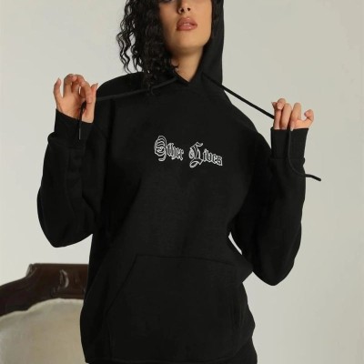 Kadın Oversize Kapüşonlu Cepli Baskılı 3 İplik Pamuklu Hoodie Sweatshirt -  Siyah