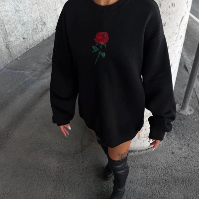 Kadın Oversize Kapüşonlu Cepli GÜL Baskılı 3 İplik Pamuklu Hoodie Sweatshirt - Siyah Kadın Oversize Kapüşonlu Cepli GÜL Baskılı 3 İplik Pamuklu Hoodie Sweatshirt - Siyah