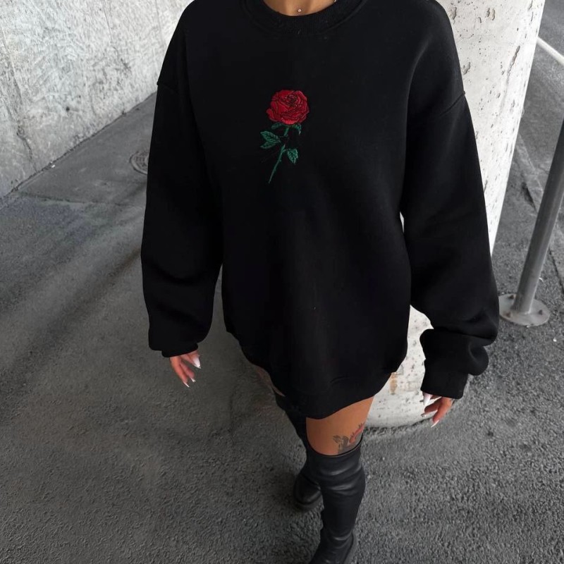 Kadın Oversize Kapüşonlu Cepli GÜL Baskılı 3 İplik Pamuklu Hoodie Sweatshirt - Siyah Kadın Oversize Kapüşonlu Cepli GÜL Baskılı 3 İplik Pamuklu Hoodie Sweatshirt - Siyah