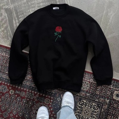 Kadın Oversize Kapüşonlu Cepli GÜL Baskılı 3 İplik Pamuklu Hoodie Sweatshirt - Siyah Kadın Oversize Kapüşonlu Cepli GÜL Baskılı 3 İplik Pamuklu Hoodie Sweatshirt - Siyah