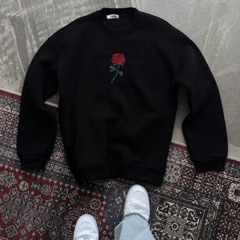 Kadın Oversize Kapüşonlu Cepli GÜL Baskılı 3 İplik Pamuklu Hoodie Sweatshirt - Siyah Kadın Oversize Kapüşonlu Cepli GÜL Baskılı 3 İplik Pamuklu Hoodie Sweatshirt - Siyah