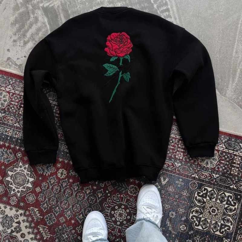 Kadın Oversize Kapüşonlu Cepli GÜL Baskılı 3 İplik Pamuklu Hoodie Sweatshirt - Siyah Kadın Oversize Kapüşonlu Cepli GÜL Baskılı 3 İplik Pamuklu Hoodie Sweatshirt - Siyah