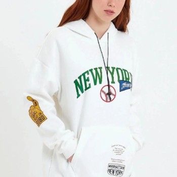 Kadın Oversize Kapüşonlu Cepli Ön Kol Baskılı 3 İplik Pamuklu Hoodie Sweatshirt - Beyaz Kadın Oversize Kapüşonlu Cepli Ön Kol Baskılı 3 İplik Pamuklu Hoodie Sweatshirt - Beyaz