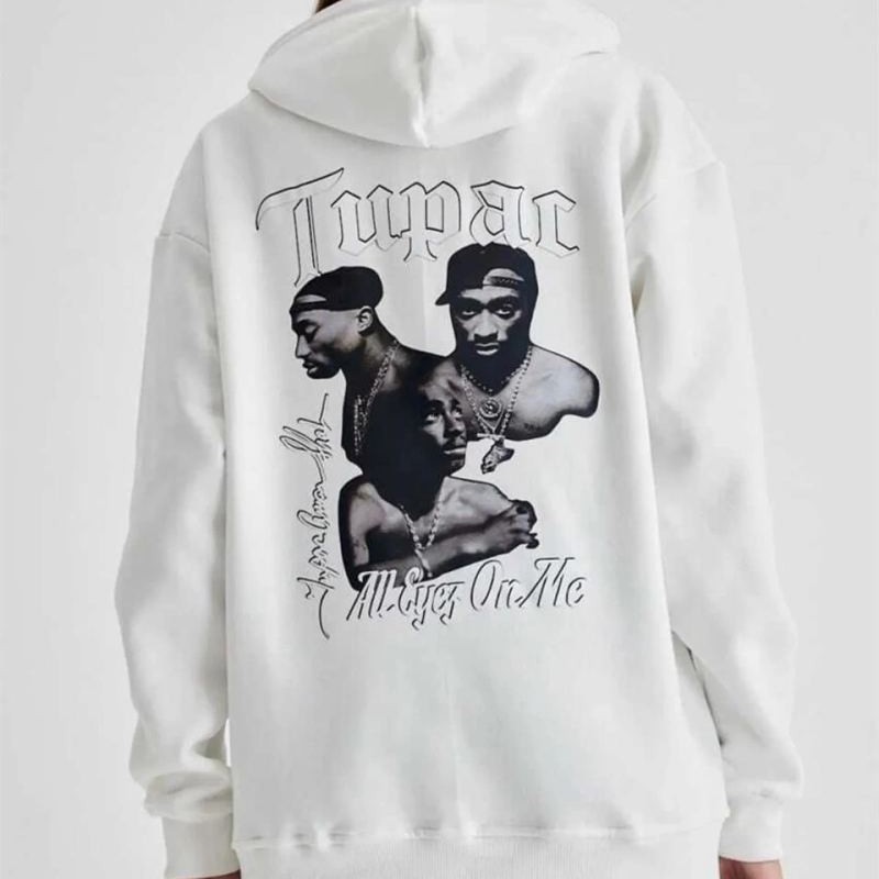 Kadın Oversize Kapüşonlu Cepli TUPAC Baskılı 3 İplik Pamuklu Hoodie Sweatshirt - Beyaz Kadın Oversize Kapüşonlu Cepli TUPAC Baskılı 3 İplik Pamuklu Hoodie Sweatshirt - Beyaz