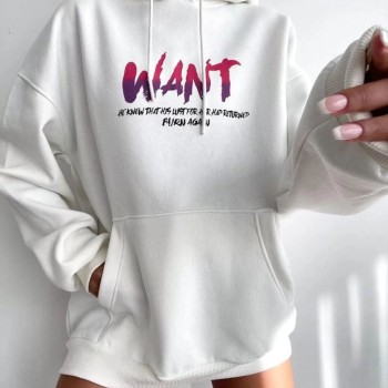 Kadın Oversize Kapüşonlu Cepli WANT Baskılı 3 İplik Pamuklu Hoodie Sweatshirt - Beyaz Kadın Oversize Kapüşonlu Cepli WANT Baskılı 3 İplik Pamuklu Hoodie Sweatshirt - Beyaz