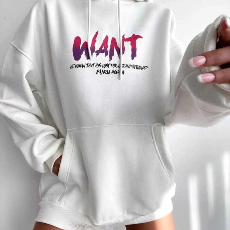Kadın Oversize Kapüşonlu Cepli WANT Baskılı 3 İplik Pamuklu Hoodie Sweatshirt - Beyaz Kadın Oversize Kapüşonlu Cepli WANT Baskılı 3 İplik Pamuklu Hoodie Sweatshirt - Beyaz