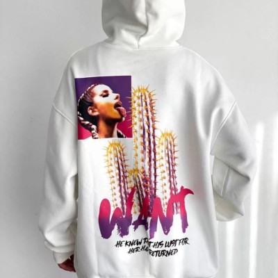 Kadın Oversize Kapüşonlu Cepli WANT Baskılı 3 İplik Pamuklu Hoodie Sweatshirt - Beyaz Kadın Oversize Kapüşonlu Cepli WANT Baskılı 3 İplik Pamuklu Hoodie Sweatshirt - Beyaz