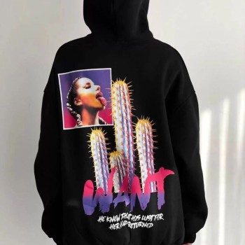 Kadın Oversize Kapüşonlu Cepli WANT Baskılı 3 İplik Pamuklu Hoodie Sweatshirt - Siyah Kadın Oversize Kapüşonlu Cepli WANT Baskılı 3 İplik Pamuklu Hoodie Sweatshirt - Siyah