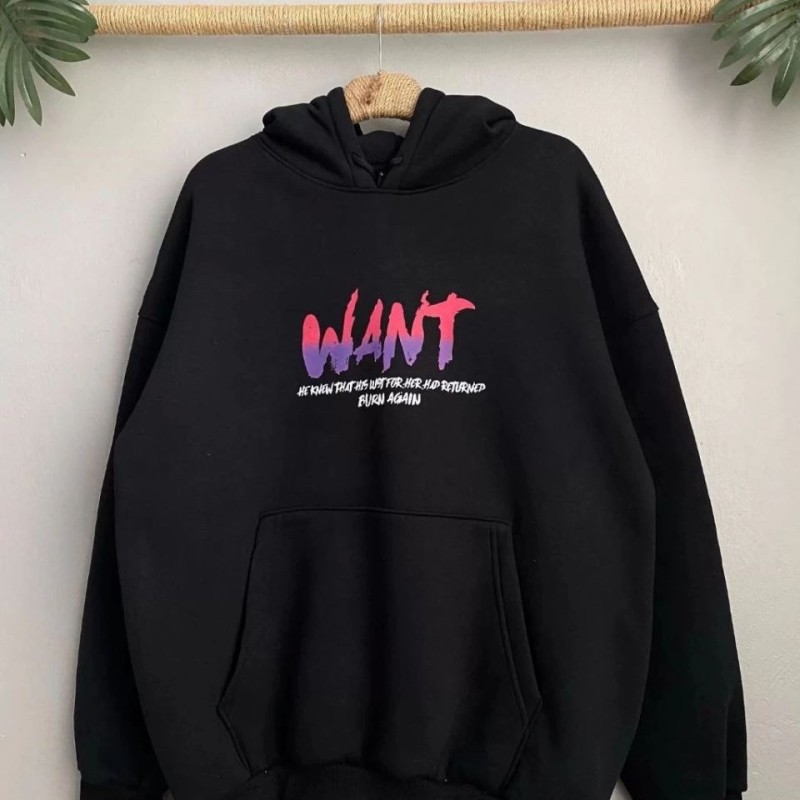 Kadın Oversize Kapüşonlu Cepli WANT Baskılı 3 İplik Pamuklu Hoodie Sweatshirt - Siyah Kadın Oversize Kapüşonlu Cepli WANT Baskılı 3 İplik Pamuklu Hoodie Sweatshirt - Siyah