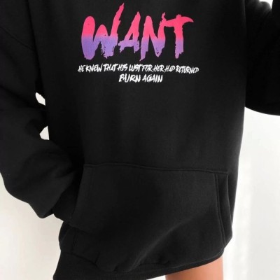 Kadın Oversize Kapüşonlu Cepli WANT Baskılı 3 İplik Pamuklu Hoodie Sweatshirt - Siyah Kadın Oversize Kapüşonlu Cepli WANT Baskılı 3 İplik Pamuklu Hoodie Sweatshirt - Siyah