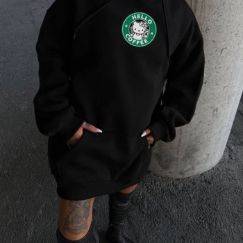 Kadın Oversize Kapüşonlu Kanguru Cepli Baskılı 3 İplik Pamuklu Sweatshirt Hoodie - Siyah Kadın Oversize Kapüşonlu Kanguru Cepli Baskılı 3 İplik Pamuklu Sweatshirt Hoodie - Siyah