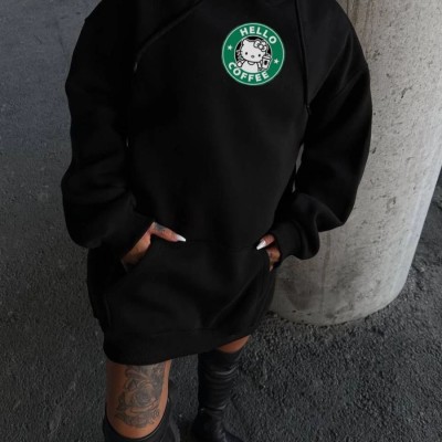 Kadın Oversize Kapüşonlu Kanguru Cepli Baskılı 3 İplik Pamuklu Sweatshirt Hoodie - Siyah Kadın Oversize Kapüşonlu Kanguru Cepli Baskılı 3 İplik Pamuklu Sweatshirt Hoodie - Siyah