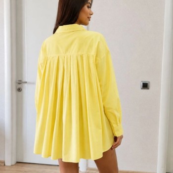 Kadın Oversize Pens Detaylı Cepli Yırtmaçlı Rahat Kalıp Poplin Gömlek - Sarı