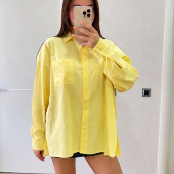 Kadın Oversize Pens Detaylı Cepli Yırtmaçlı Rahat Kalıp Poplin Gömlek - Sarı