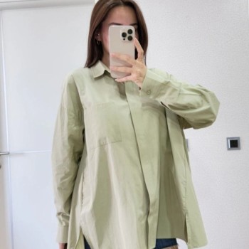 Kadın Oversize Pens Detaylı Cepli Yırtmaçlı Rahat Kalıp Poplin Gömlek - Yeşil